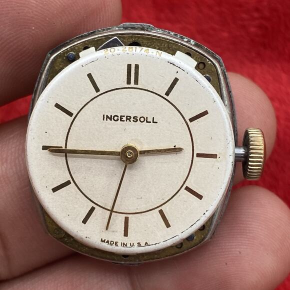 Antique Ingersoll watch movement w dial and hands for parts or repair Made USA - Picture 12 of 15